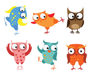 Funny owls collection. Cute hand drawn owl characters. Set of vector illustrations in cartoon style