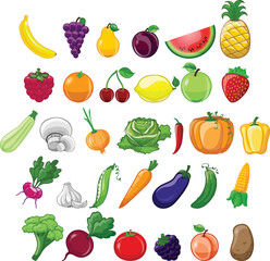 Cartoon fruits and vegetables. Broccoli, carrot, cabbage, beetroot, kiwi, apricot, mango. Fresh organic vegetable, fruit slices vector set. Organic healthy food for market,