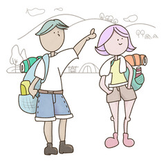 キャンプの風景とキャンプの装備をした若い男女二人