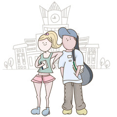 大学の風景と学生の男女二人