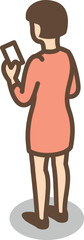 Woman looking on phone screen. Isometric person back view