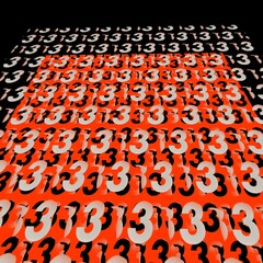 pattern and design from repeated white number 33 on bright red background in exploding 3d - obrazy, fototapety, plakaty