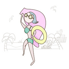 ビーチで浮き輪とタオルを持つ水着の女性