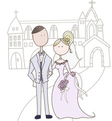 Obraz na płótnie Canvas 結婚式場とウェディングドレスを着た花嫁とタキシードを着た花婿