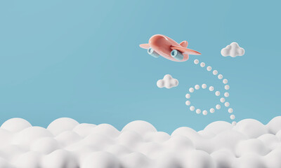 Pastel airplane flying on white cloud background, travel concept, Copy space 3d rendering