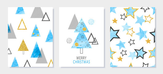 Merry Christmas cards design in retro style. Stylized vector watercolor glittering Christmas trees.