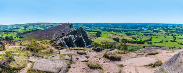 A panorama view across the summit of the Roaches escarpment, Hen Cloud and the Leek Valley,...