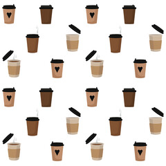 Fototapeta premium Seamless pattern of cardboard coffee cups in a flat style on a white background. For wallpaper, wrapping paper, screensavers
