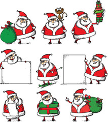 Cute Santa Clauses vector set. Can be printed and used as Christmas, New Year, Xmas template, card, placard, design elements
