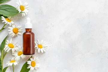 Obraz na płótnie Canvas Bottle of essential oil with fresh herbs. Wild meadow flowers cosmetic