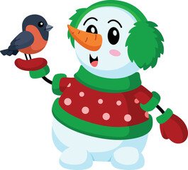 Snowman holding bullfinch. Cold season outdoor. Cartoon character