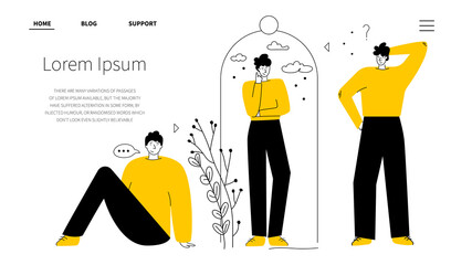 Landing page with group persons and sociopath or introvert, antisocial persons in individual space, zone. He prefers to spend time alone. Vector illustration with strange person avoid communication wi
