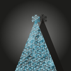 Christmas tree from blue snowflakes in the night city. Creative christmas greeting card with pine. Christmas concept. Concept marketing material