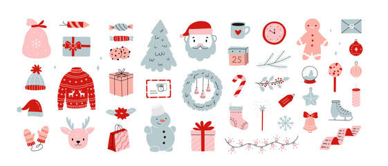 Christmas items set in flat doodle style. New year characters and gifts for postcards, textile, banners, web design, scrapbooking