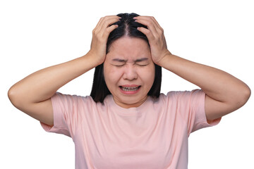 Asian women suffer from severe headaches, caused by stress or hormonal imbalances, migraines, chronic headaches, anxiety and discomfort. Close your eyes and touch your temples to relieve the pain