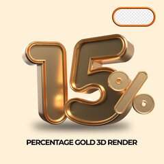 3D render 15% percentage number gold style for discount, sale discount, work progress, percent