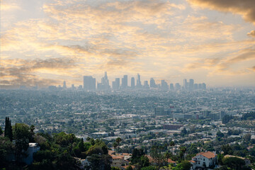 Beautiful Los Angeles California downtown skyline epic blue and yellow sky. View from the Hollywood...