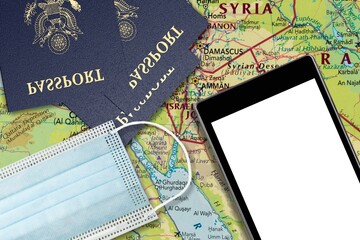 Covid Pass. concept of Digital certificate Covid-19.  passport, mask and map of Europe