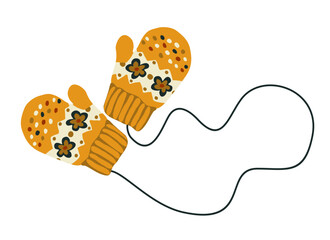 Yellow warm mittens with decoration. Vector isolated illustration of winter accessory.