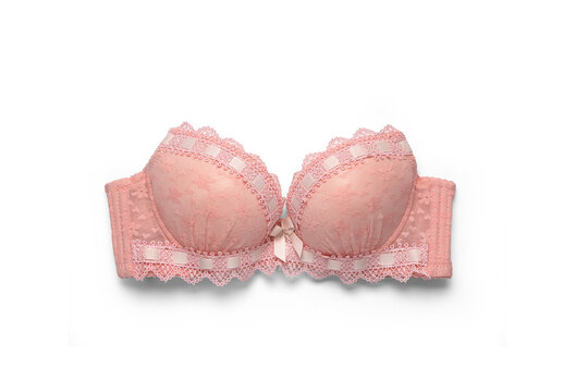 Breast cancer awareness concept. Top view photo of pink female bra