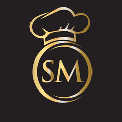 Initial Letter SM Restaurant Logo Template. Restaurant Logo Concept with Chef Hat Symbol Vector Sign