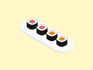 3d Japanese Salmon and tuna maki sushi on white plate with yellow pastel background.