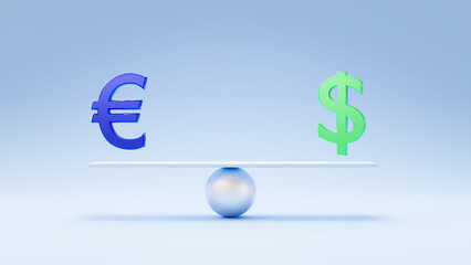 dollar euro balance. Currency rate. symbol euro and dollar for exchange rate balance, business concept. blue background. 3d rendering
