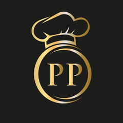 Initial Letter PP Restaurant Logo Template. Restaurant Logo Concept with Chef Hat Symbol Vector Sign
