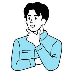 Young handsome man thinking suspiciously looking  with hand on chin pose. Simple outline vector illustration.