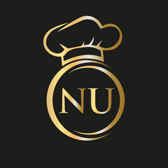 Initial Letter NU Restaurant Logo Template. Restaurant Logo Concept with Chef Hat Symbol Vector Sign