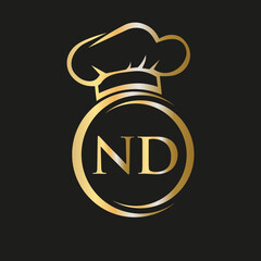 Initial Letter ND Restaurant Logo Template. Restaurant Logo Concept with Chef Hat Symbol Vector Sign