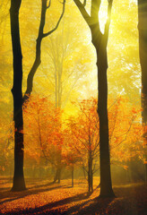 Colorful red and yellow trees in autumn forest, backlit silhouettes with sun shining through the branches, vertical format. Generative AI illustration