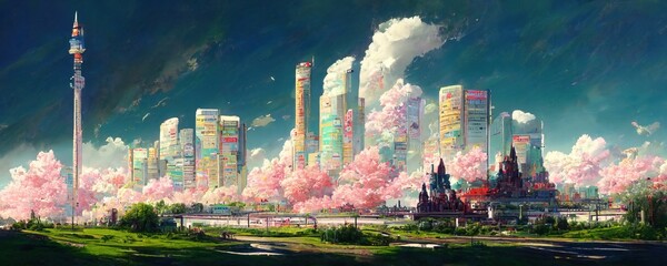 Landscape of a futuristic city in anime style illustration. Generative AI - obrazy, fototapety, plakaty