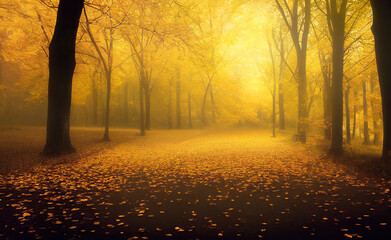 Misty autumn park alley perspective with yellow trees and golden fog, landscape with magical atmosphere. Generative AI illustration