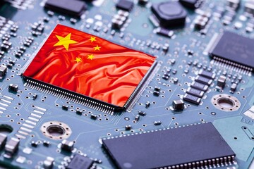 Flag of China on a processor, CPU Central processing Unit or GPU microchip on a motherboard....