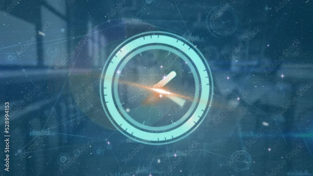 Poster animation of moving clock and network of connections with data processing over empty office