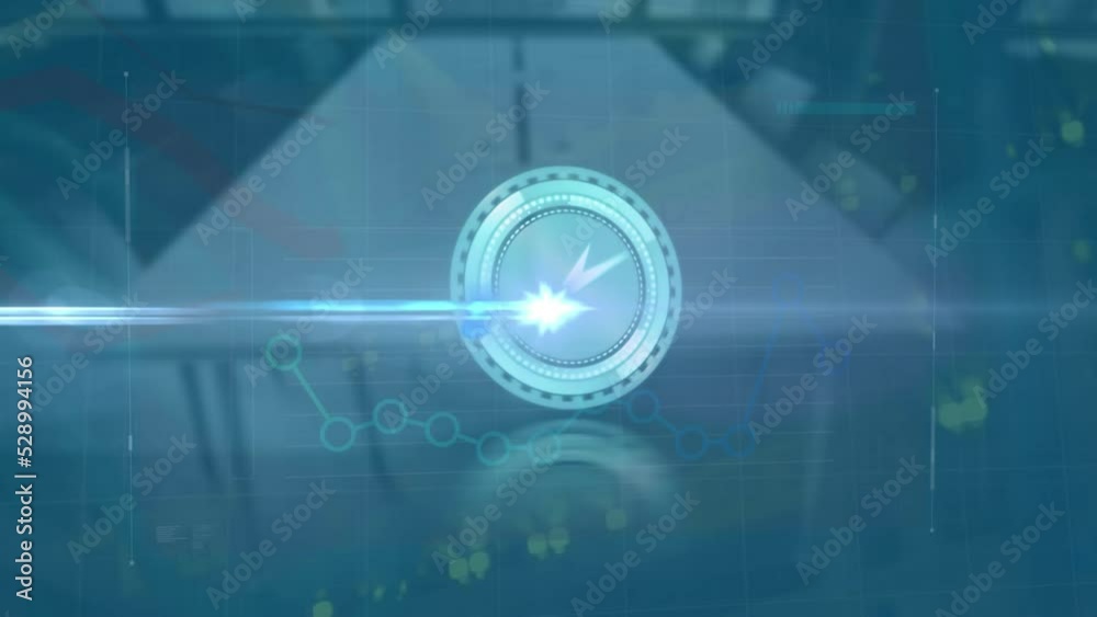 Poster animation of moving clock and financial data processing over empty office