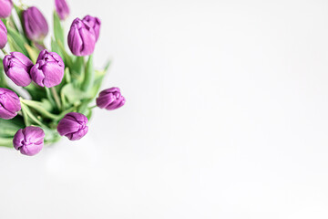 Fresh picked purple tulips in a vase on a solid white surface