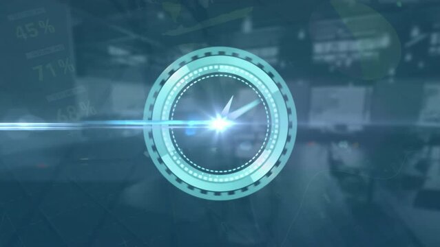 Animation of moving clock and financial data processing over empty office
