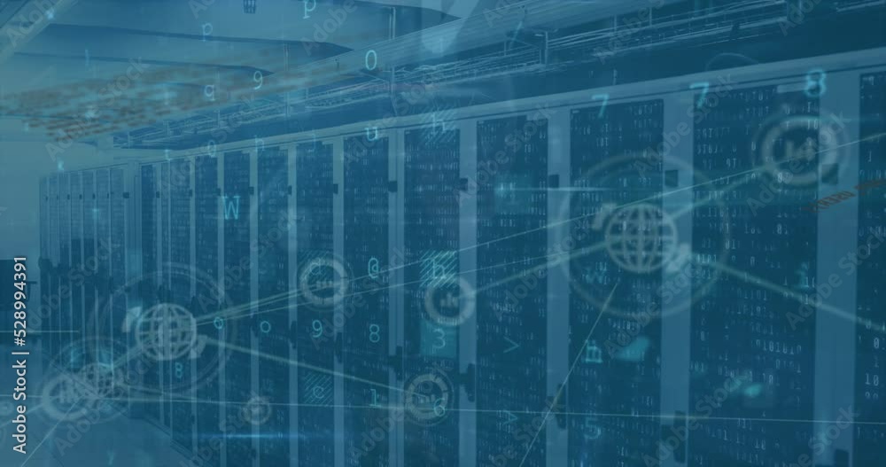 Poster animation of cyberattack warning with data processing and network of connections over server room