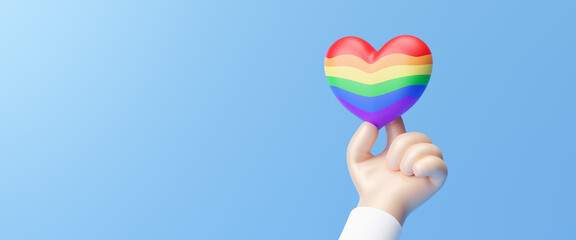 Close up hand of LGBTQ holding rainbow heart, LGBT pride month background. Rainbow flag brush style in heart shape isolate on blue background. lesbian gay bisexual transgender. 3d rendering - obrazy, fototapety, plakaty