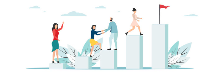 business mentor helps improve, holding stairs steps, mentorship, upskills, climb help, self development strategy flat.