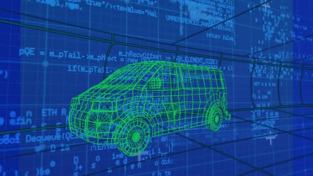 Animation of digital van model over data processing and lines on blue background