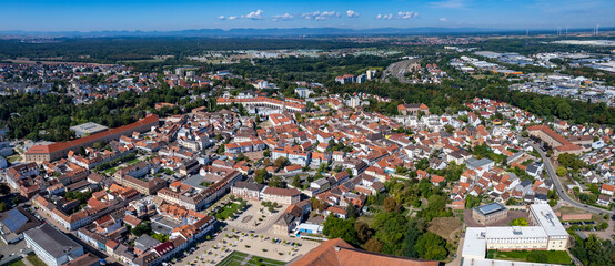 Aerial panorama view around the city Germersheim in Germany on a sunny day in summer.