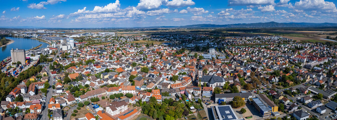 Fototapeta premium Aerial panorama view around the city Gernsheim in Germany on a sunny day in summer.