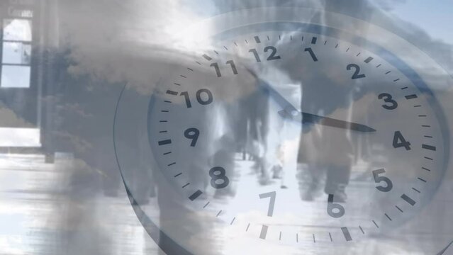 Animation of moving clock and sky with clouds over diverse people walking on street