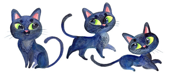 Halloween cute black cats set watercolor illustration