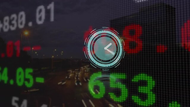 Animation of moving clock and stock market over cityscape