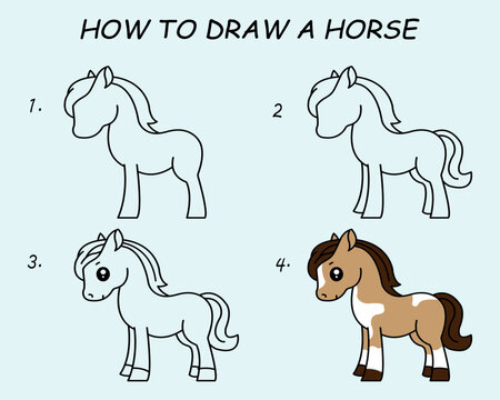 Step by step to draw a Horse. Drawing tutorial a Horse. Drawing lesson for children. Vector illustration	