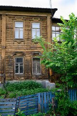 Old wooden house of the 19th century prepared for demolition in Vladimir, Russia